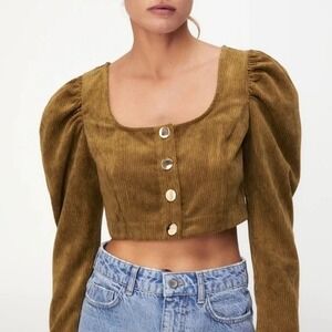 Zara Top Womens Small‎ Brown Corduroy Square Neck Puff Sleeve Cropped Blouse